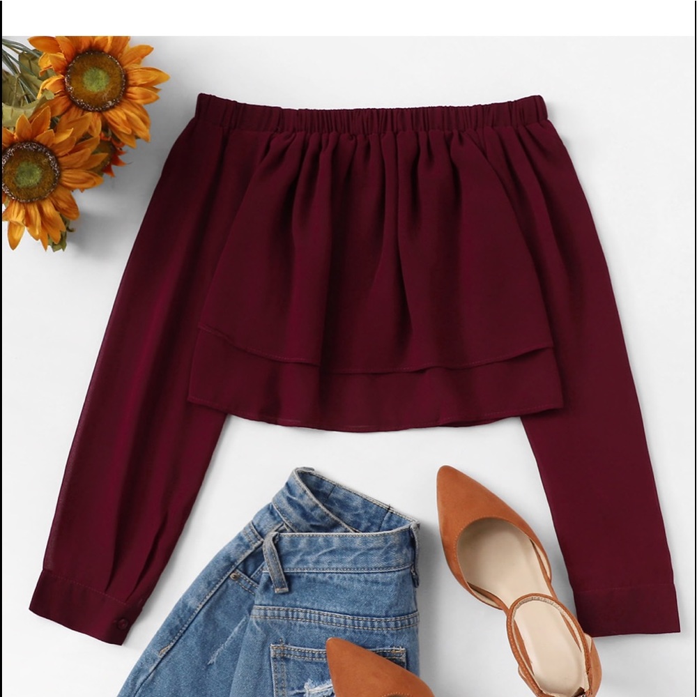 Off Shoulder Long Sleeve Chiffon Cropped Top - Picture 1 of 8